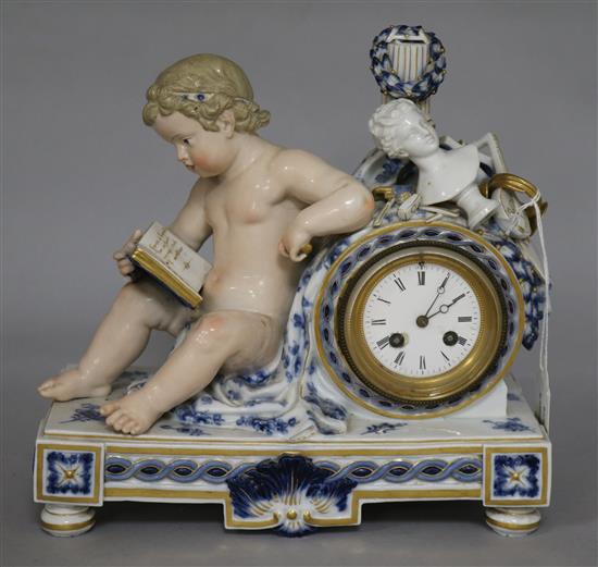 A late 19th century Meissen eight day mantel clock, surmounted by a cherub and objects emblematic of the arts